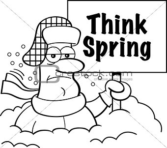 Cartoon Man Buried in Snow Holding a Think Spring Sign