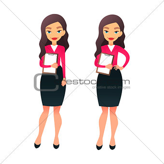 Set character businesswoman in various poses. Cartoon vector secretary or teacher on different working situations. Smiling business woman flat character on a white background.