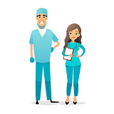Doctor and nurse team. Cartoon medical staff. Medical team concept. Surgeon, nurse on hospital. Professional health workers. Flat vector characters isolated on white.