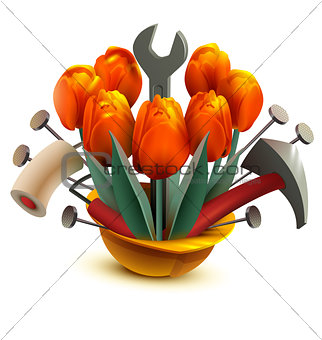 Building helmet with flowers and work tools