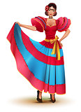 Young Mexican woman in red dress solo dancing