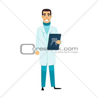 Dentist flat cartoon character. Stomatologist is holding an x-ray of the tooth. Doctor with radiograph. Dentist vector healthcare, profession, stomatology and medicine concept.