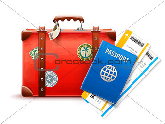 Retro suitcase, passport and airline tickets