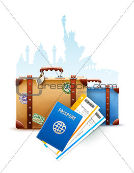 Retro suitcases, passport and airline tickets