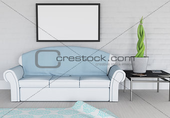 3D modern lounge interior with blank picture hanging on wall