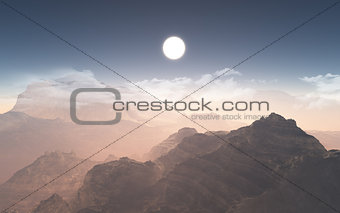 3D mountain range with low clouds