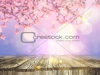 3D old wooden table with a cherry blossom background