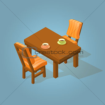 Set of the isometric cartoon table and two chairs.