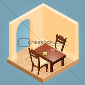 Isometric cartoon table and chairs.