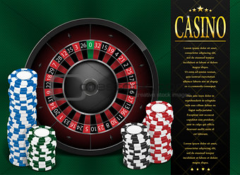 Casino Gambling poster or flyer design. Casino banner template with Roulette Wheel isolated on green background. Playing casino games. Vector illustration.