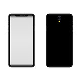 A modern model of a black smartphone. Face and back. Empty screen. Vector illustration for print, web, games and applications.