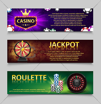 Gambling banners with Roulette Wheel and Casino Chips, lottery machine, gold fortune wheel set. Casino jackpot banner with casino games, fortune and lottery. Vector illustration