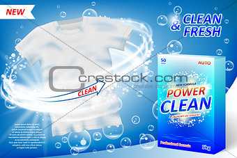 Laundry detergent ad poster. Stain remover package design for advertising with soap bubbles. Washing detergent banner with clean shirt on blue background. Vector illustration