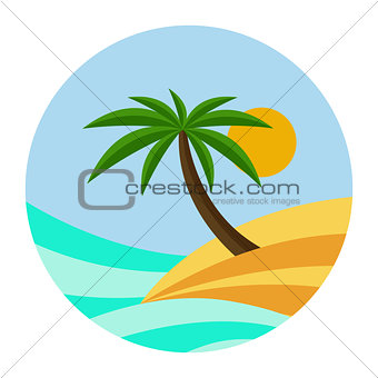 BEACH THEME. vector illustration of the wave, tropical island palm trees and the sun