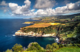 Panorama view to coastline of Sao Miguel island from Santa Iria viewpoint. Azores. Portugal