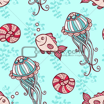 Seamless pattern with jellyfish and fish