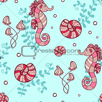 Marine seamless pattern with sea horses 