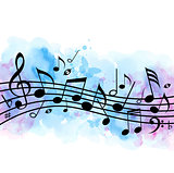 Music background with notes and blue watercolor texture