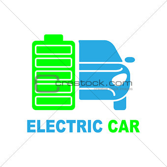 Electric car premium illustration icon, isolated, color on white background, with text elements