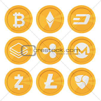 Set of cryptocurrency icons for internet money. Blockchain based secure