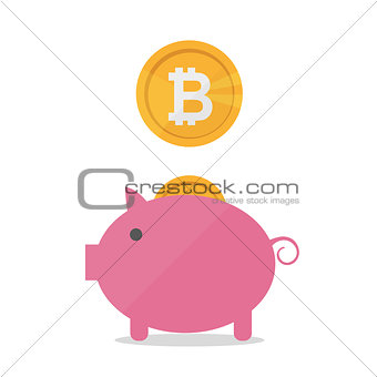 Pig money box with falling bitcoins. Vector flat design banner concept