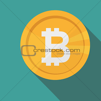 Bitcoin circle icon with long shadow. Flat design style. Crypto currency