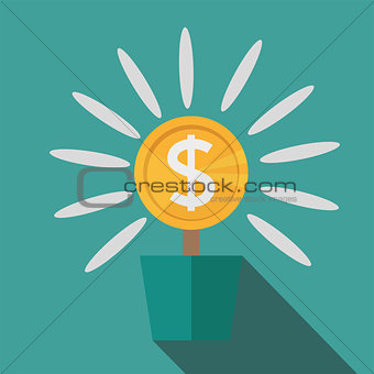 Flat potted money dollar flower. monetary success illustration. Isolated on blue