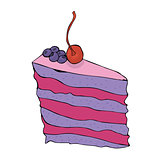Piece of hand drawn blueberry cake with cherry. Vector illustration.