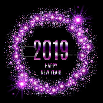 2019 Happy New Year glowing violet background. Vector illustration