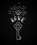 Hand drawn vintage love key with heart and crown in traditional tattoo style. Vector illustration.