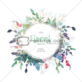 Vector round botanical frame with pale pink roses, green leaves and plants. Light romantic floral design.