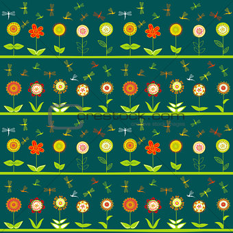 Rows of flowers and stylized dragonflies