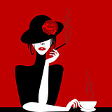 Stylized woman with cigar and cup of coffee