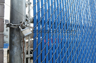 Heavy-duty padlock and chain on blue security gate