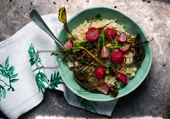 Roasted radish risotto  in  blue dish