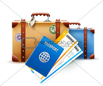 Retro suitcases, passport and airline tickets