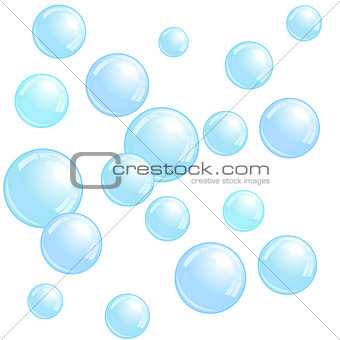 Soap bubbles, realistic water beads, blue blobs, vector foam sphere illustration