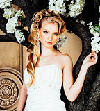 beauty emotional blond bride in luxury interior dreaming, crazy