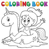 Coloring book girl floating on unicorn 1