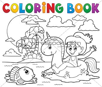 Coloring book girl floating on unicorn 2
