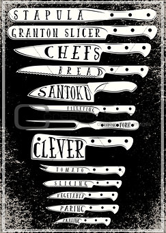 retro poster with with different types of kitchen knives