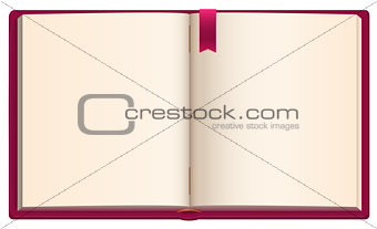 Open blank book with red ribbon bookmark