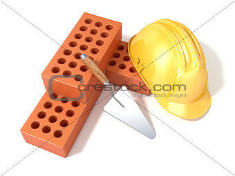 Safety helmet with round perforated bricks and trowel. 3D
