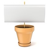 Clay plant pot with blank paper sign on wooden stick. 3D
