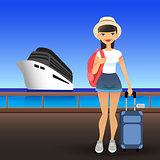 Young woman wearing casual clothes at port. Cartoon flat girl goes on cruise on ship. Traveler lady in the hat is standing on the pier with a suitcase and a backpack.