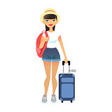 Travel female tourist standing with luggage. Young flat woman wearing casual clothes with baggage at airport. Vector cute lady with travel bag and backpack. Travel lifestyle concept.