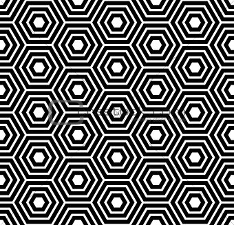 Seamless pattern with black white hexagons and striped lines.