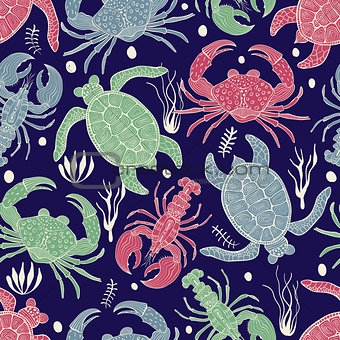 Vector Seamless Colourful Pattern with Turtles, Crabs and Lobste