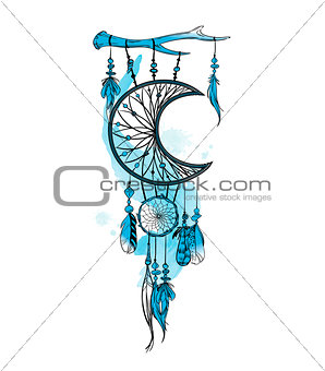Vector illustration with hand drawn dream catcher and watercolor stains. Feathers and beads.