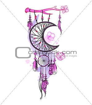 Vector illustration with hand drawn dream catcher and watercolor stains. Feathers and beads.